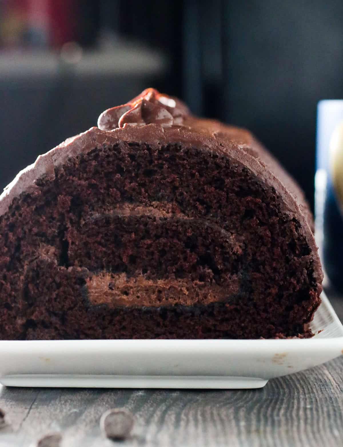 Close up of a chocolate roll cake.