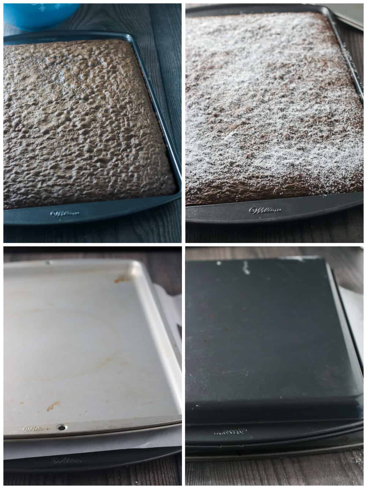 A collage showing the process of inverting a cake to remove the parchment backing.