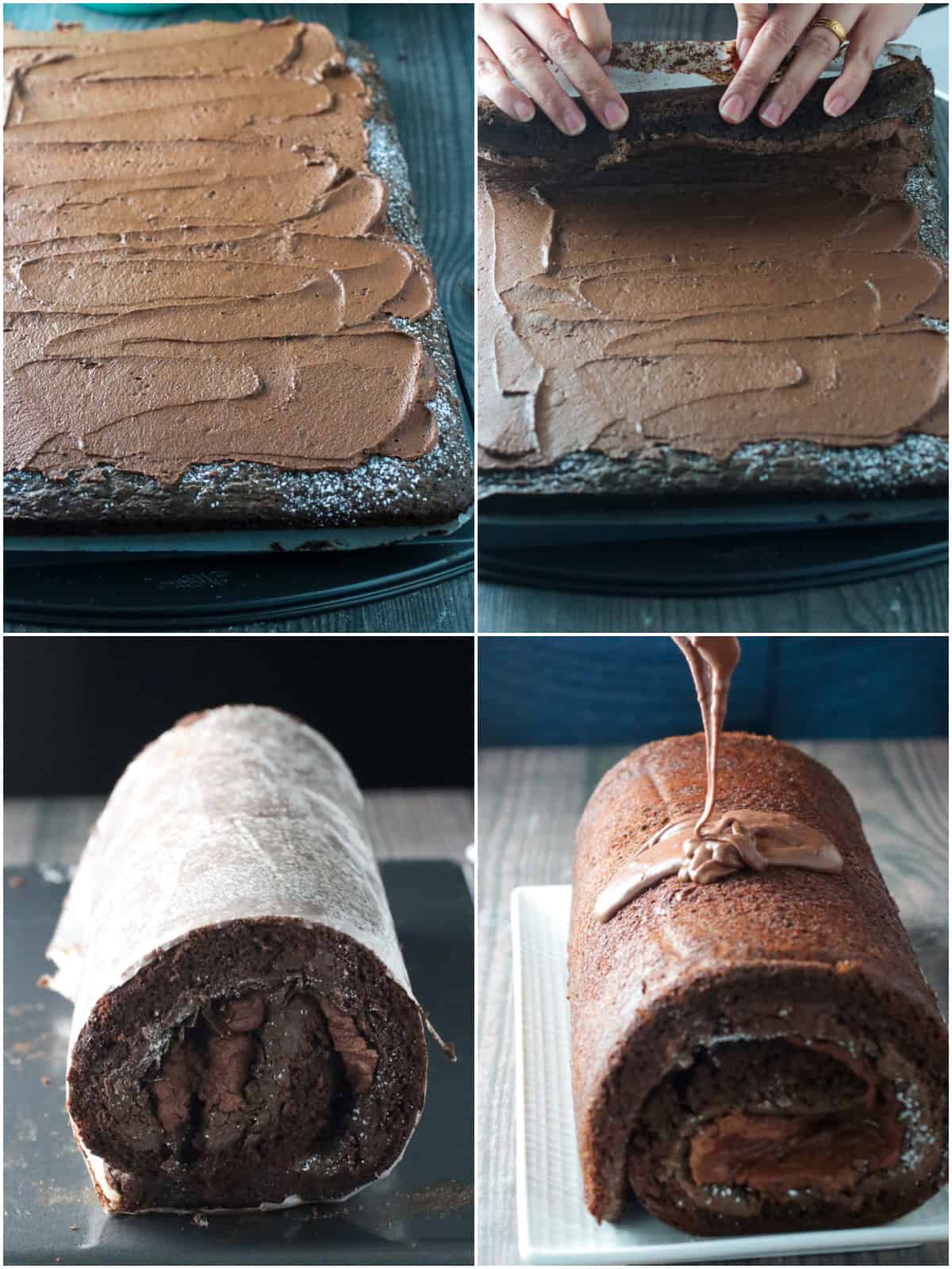 A collage showing the process of rolling a jelly roll cake.