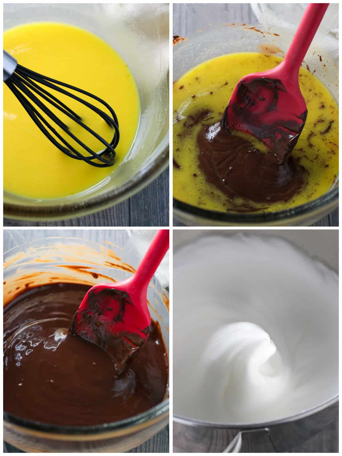 A collage which shows the process of mixing the chocolate cake batter. Left to right:  Whisking the egg yolks, mixing the chocolate batter into the egg yolks, then mixing the chocolate-yolk batter, and last, egg whites whipped to stiff peaks.