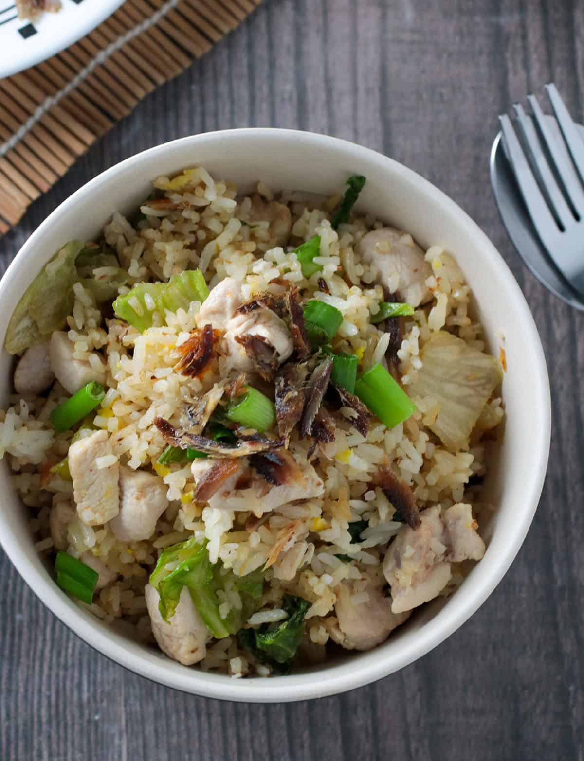 Salted Fish chicken fried rice on a bowl.