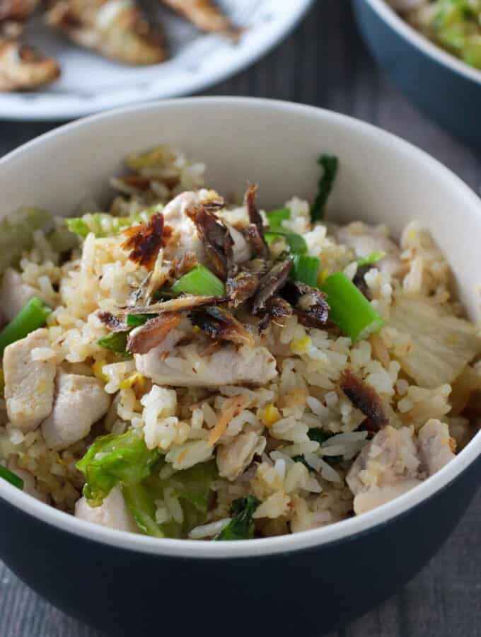 Salted fish chicken fried rice on a bowl.