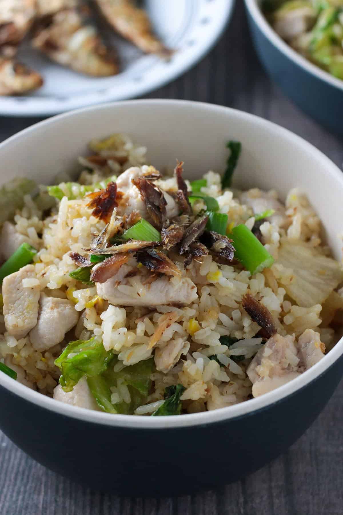 Close up of a bowl of Salted Fish Chicken Fried Rice.