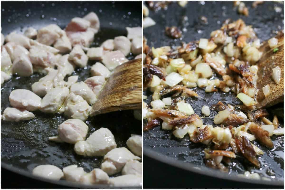Cooking the chicken on the left, and sautéing onion, garlic and salted fish on the right.