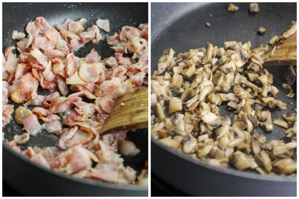 Cooking the bacon (left), cooking the mushrooms (right).