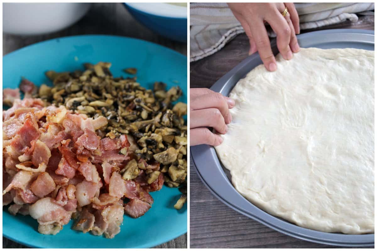 The cooked bacon and mushrooms on a plate (left).Shaping the pizza dough to the pizza pan (right).