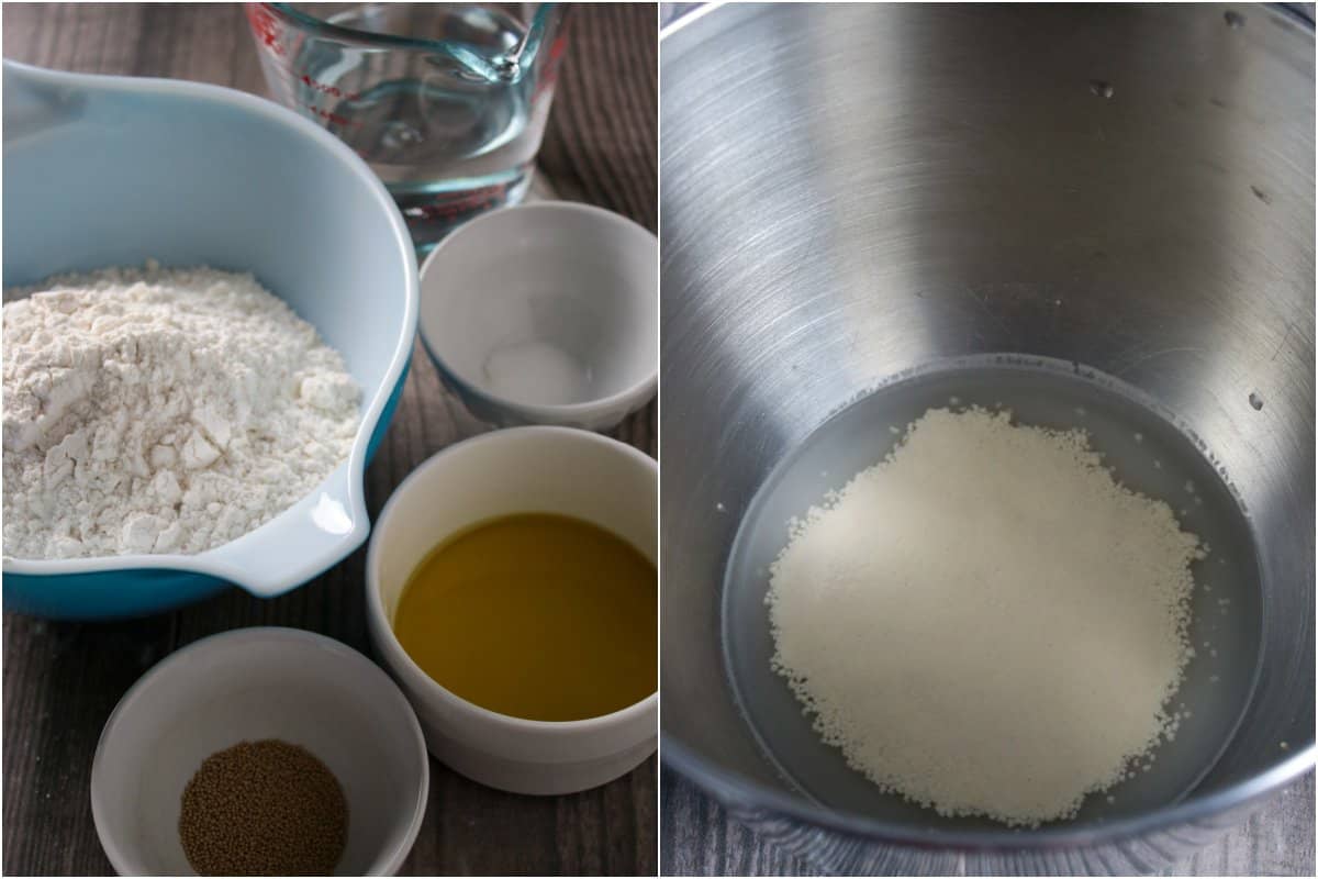 A collage showing the pizza dough ingredients om the left, then the proved yeast on the right.