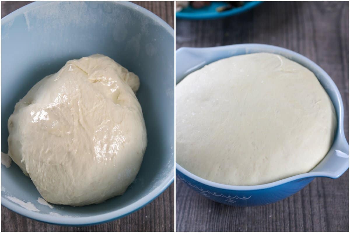 The pizza dough, before and after the rise.