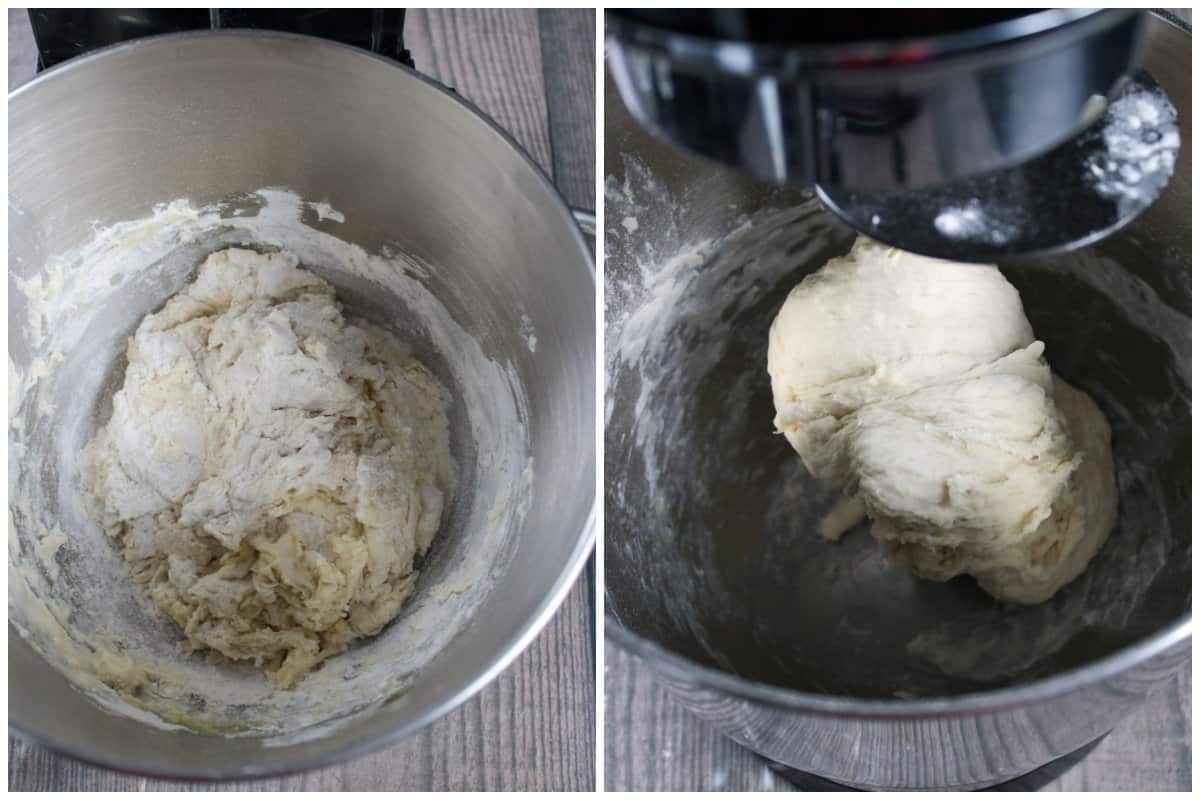 Kneading the pizza dough on  a stand mixer.