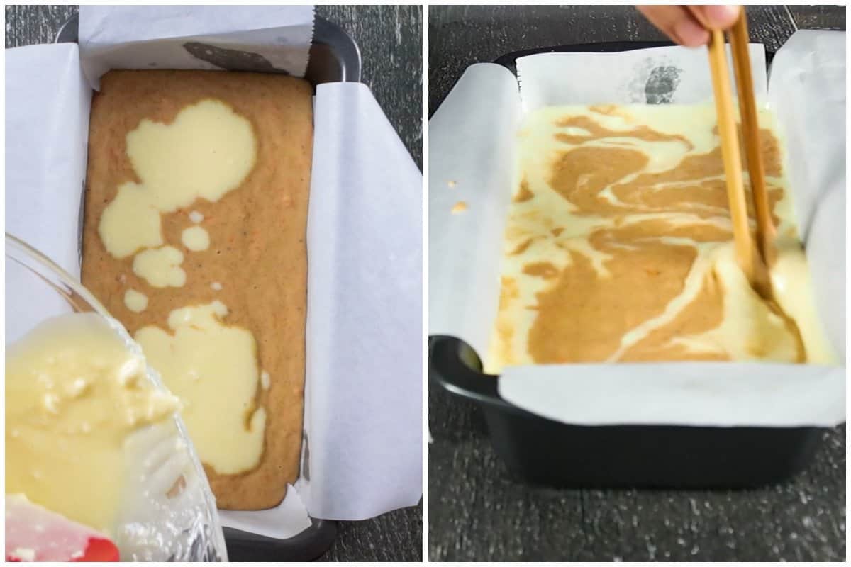A collage showing the batter of the carrot cake in a loaf pan, ready for baking.