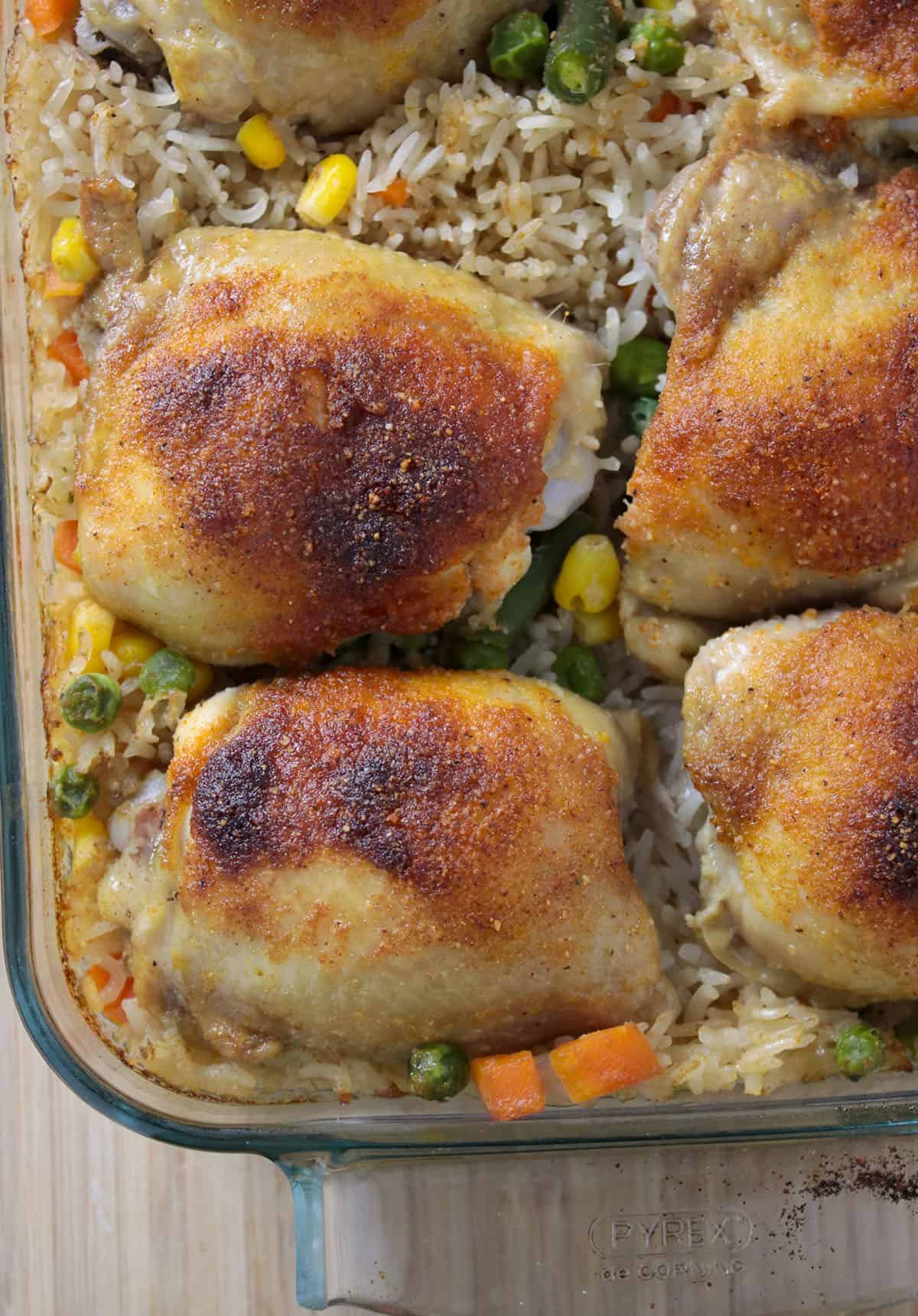 Close up, top angle shot of Easy Chicken Rice and Veggie Casserole