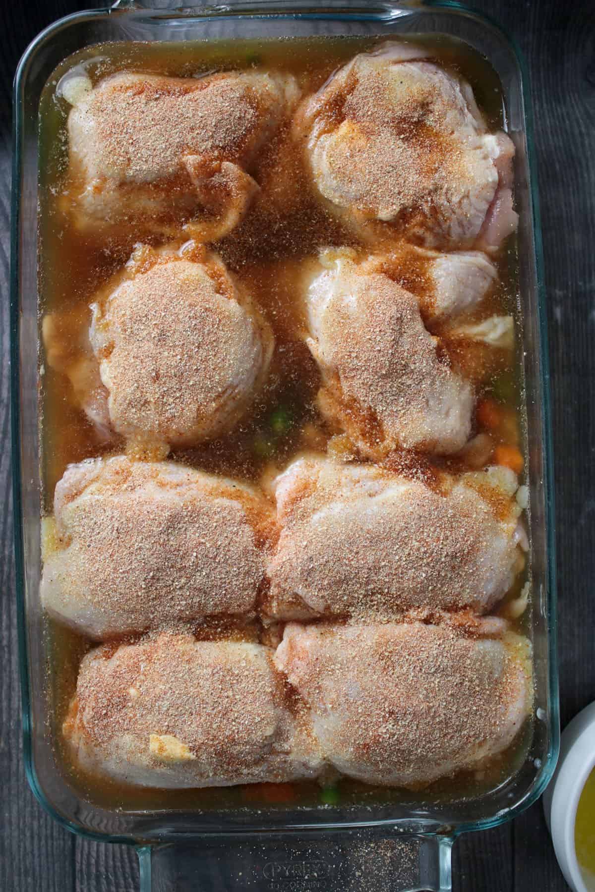 The uncooked chicken casserole, ready for the oven.