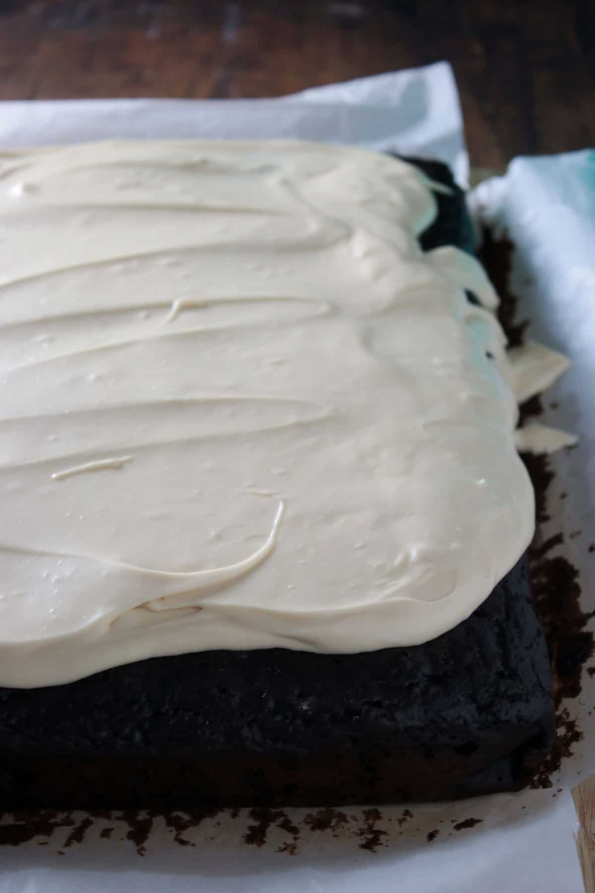 The chocolate banana sheet cake frosted with coffee cream cheese icing.