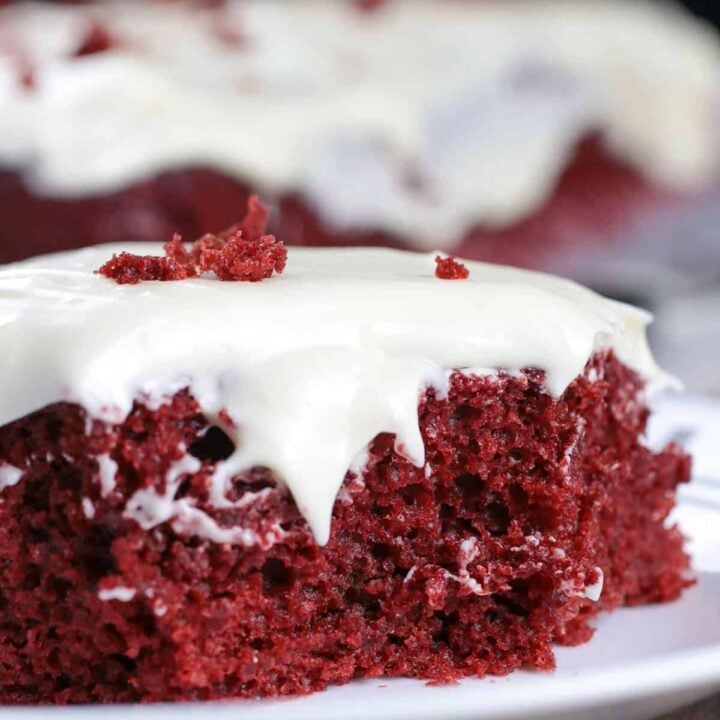 Close up shot of a Red Velvet Sheet Cake slice.