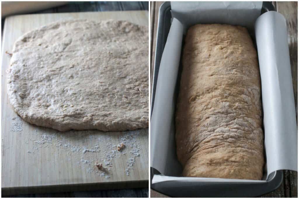 The spelt bread dough rolled into a log then placed in a loaf pan.
