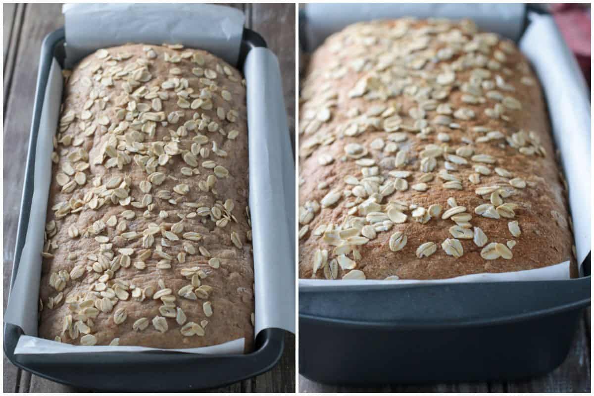 The basic spelt oatmeal bread on a loaf pan, before and after baking.