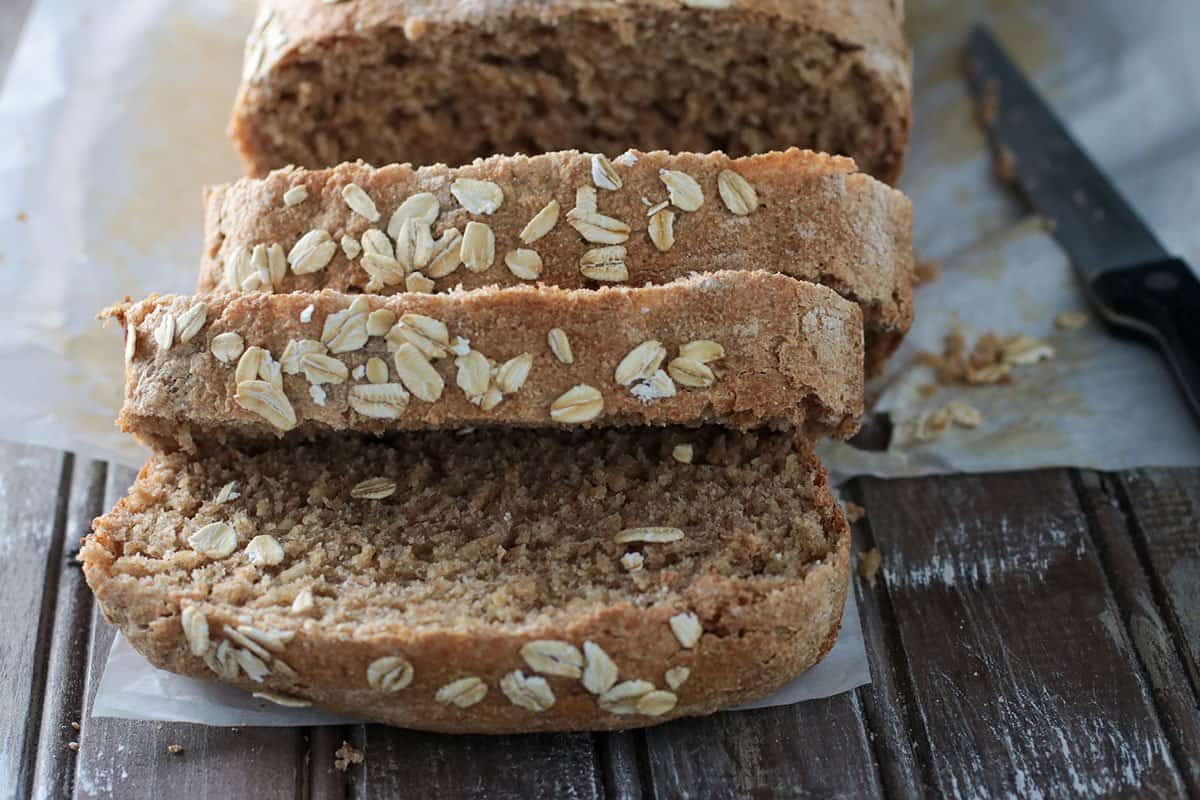 Slices of Spelt Oatmeal Bread Loaf.