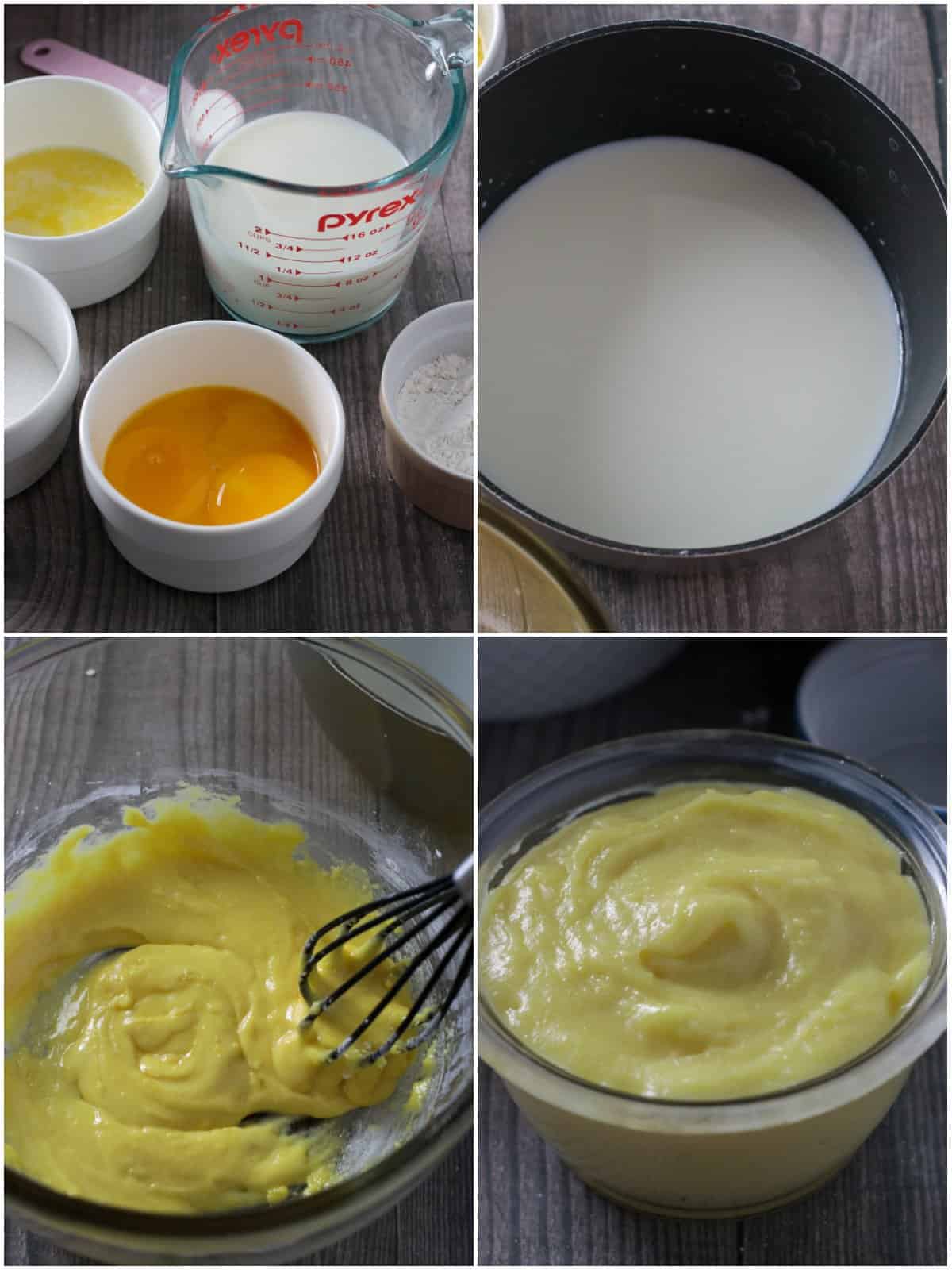 A collage showing the ingredients and process for the pastry cream.