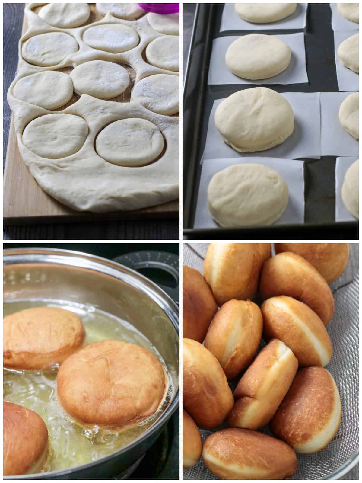 Cutting the donuts shape from the dough, letting them rise, frying and draining them.