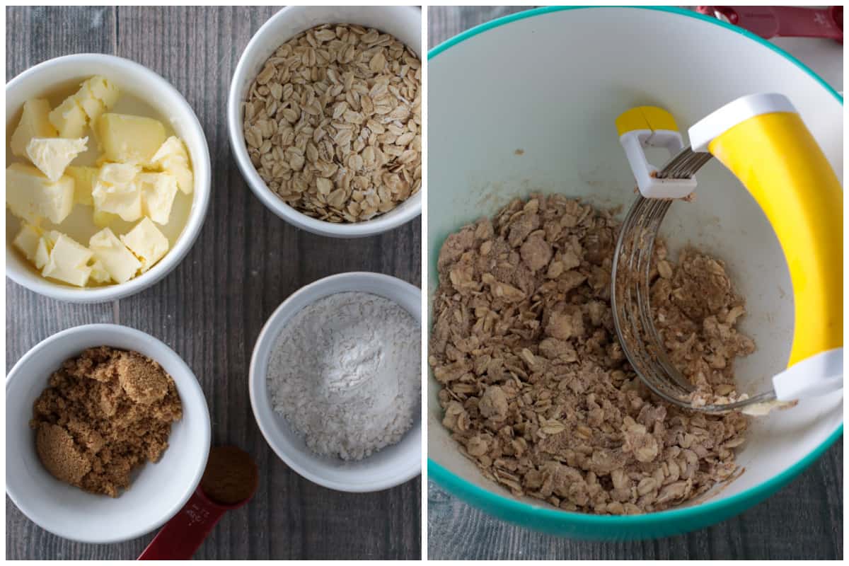 The ingredients for the oatmeal crumbs, and cutting the ingredients to make the streusel.