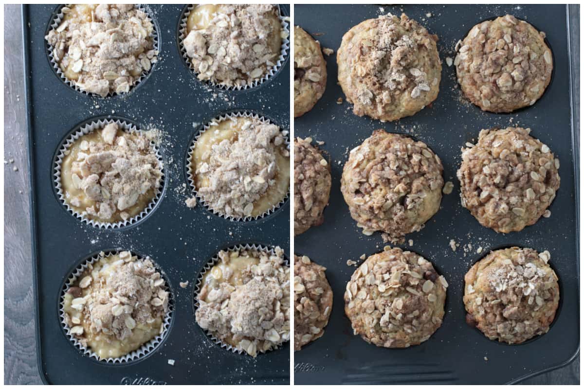 The Banana Chocolate Chip Oatmeal Muffins before and after baking.