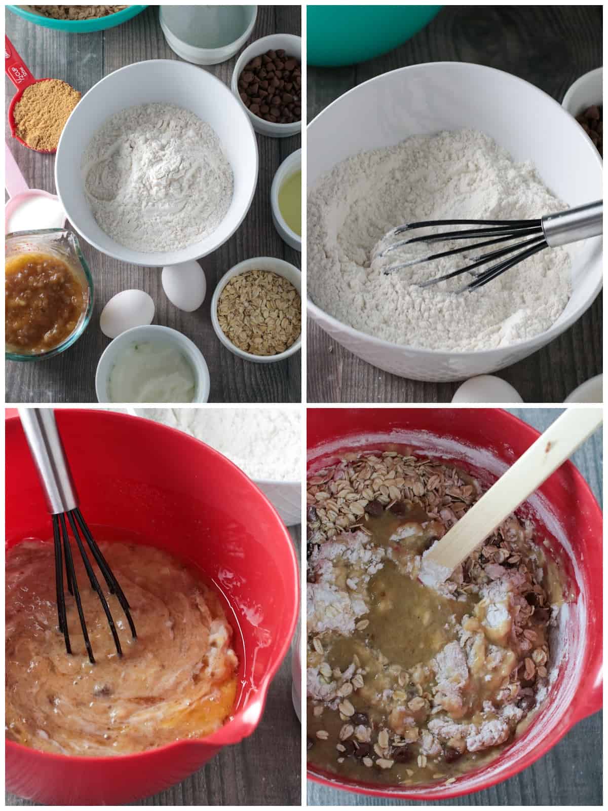 The stages of mixing the banana muffin batter (mixing the dry ingredients, then mixing all the wet ingredients, and combining the two.
