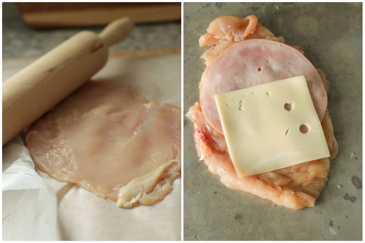 Pounding the chicken to become thin, and then filling it with ham and cheese.