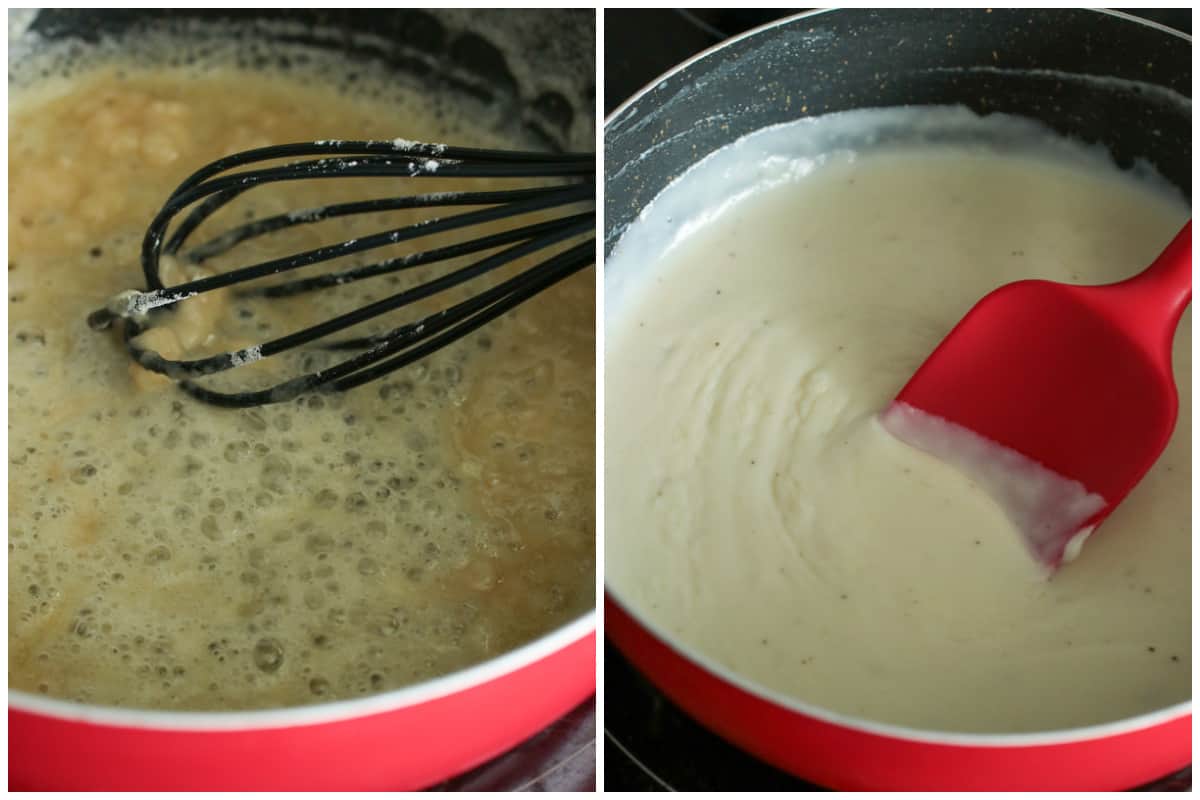 Making the cheese sauce for the chicken cordon bleu.