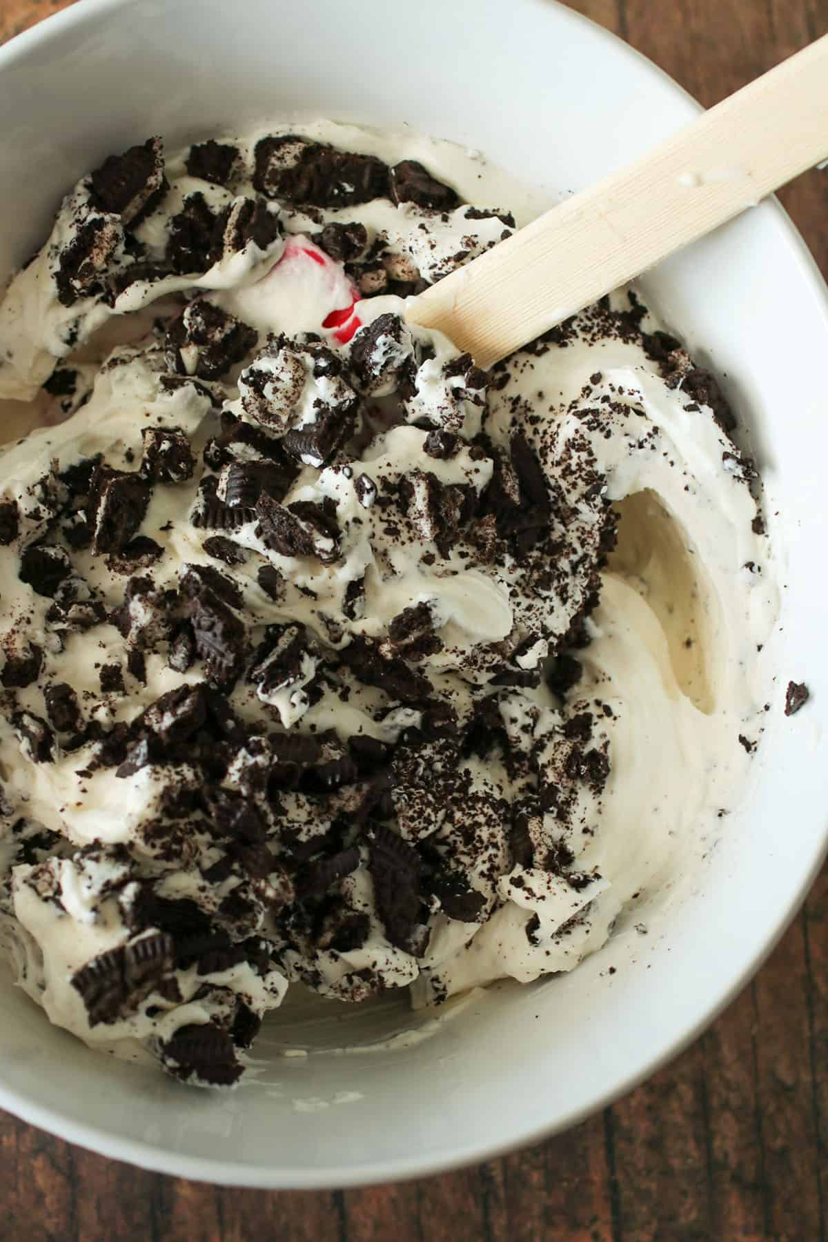 The Oreo frosting in a bowl.