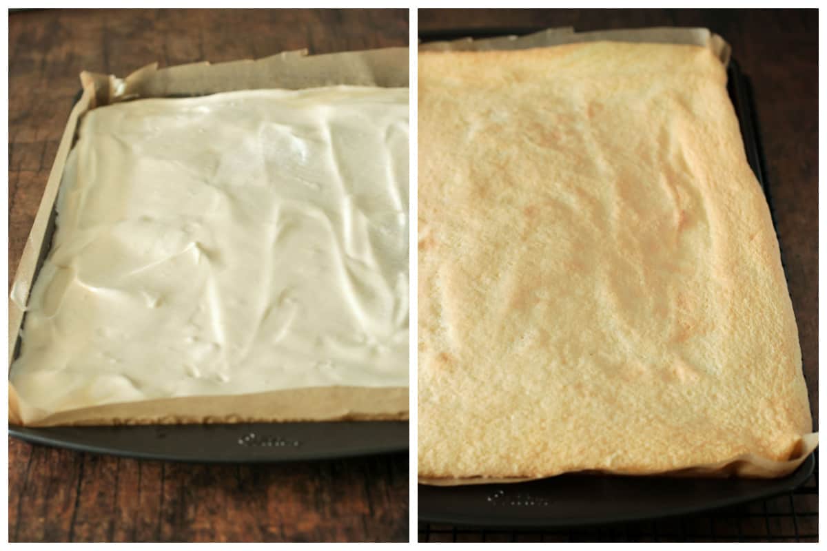 The chiffon cake batter, before and after baking.