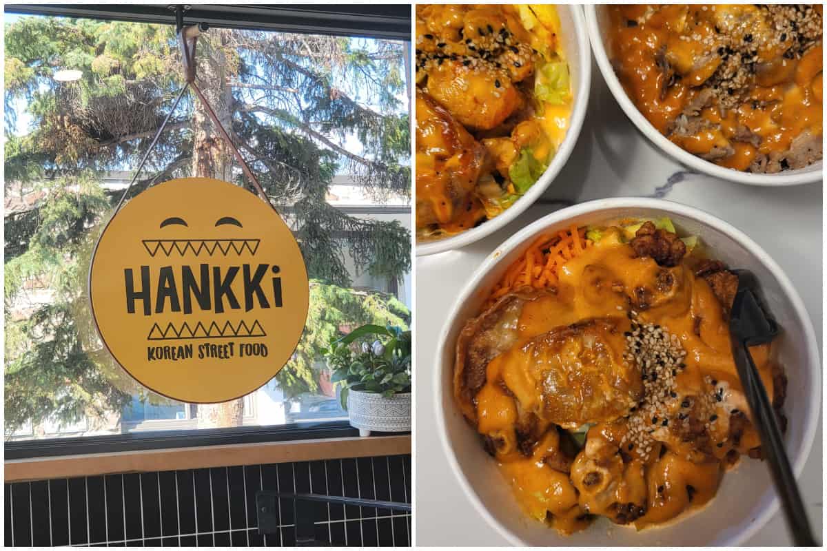 Photo collage of Hankki restaurant logo and some menu items.