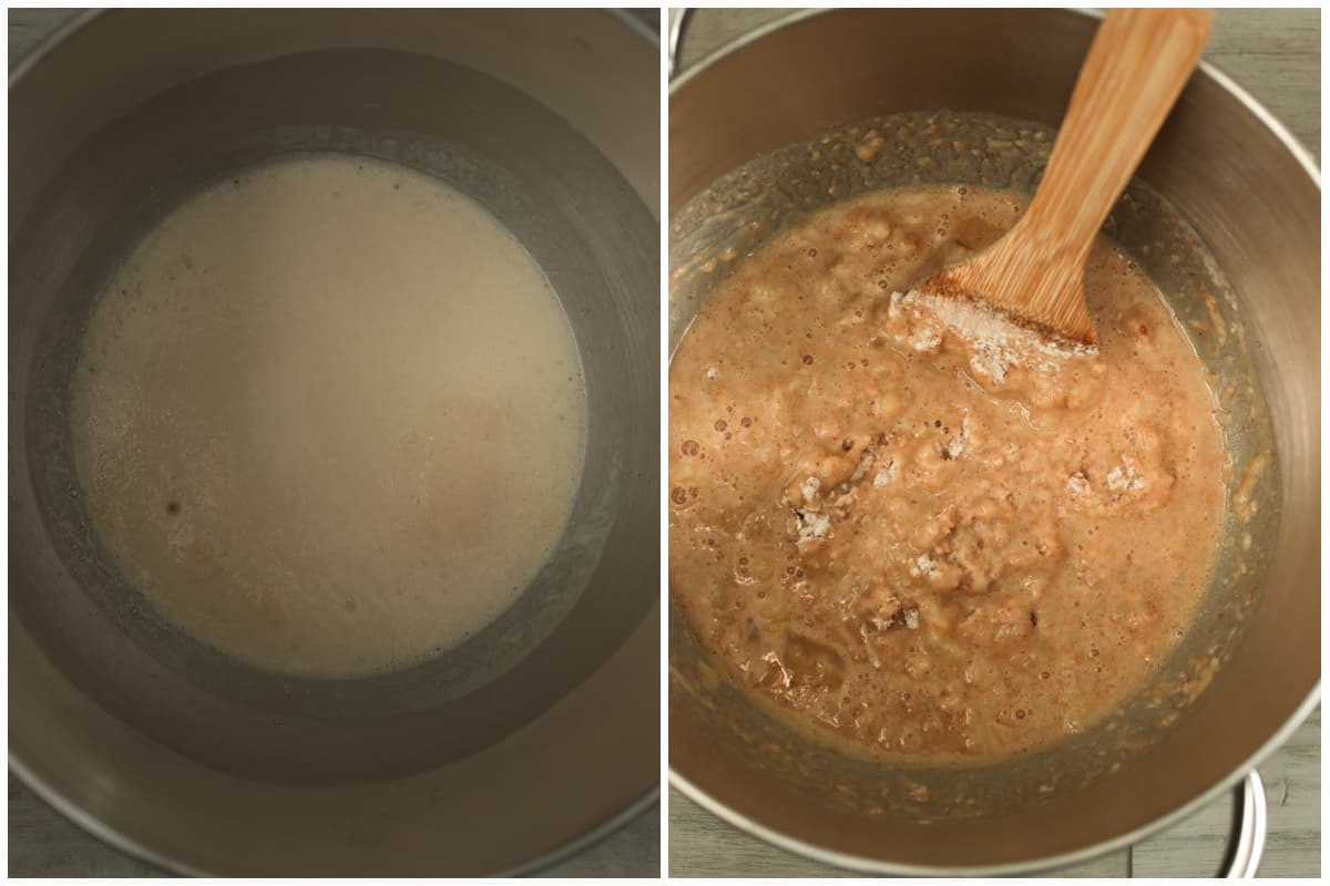 Proofing the yeast (left) and stirring the rest of the dough ingredients (right).