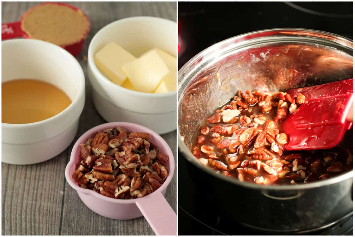 The pecan topping ingredients on the left, and stirring them all with the melted butter on the right.
