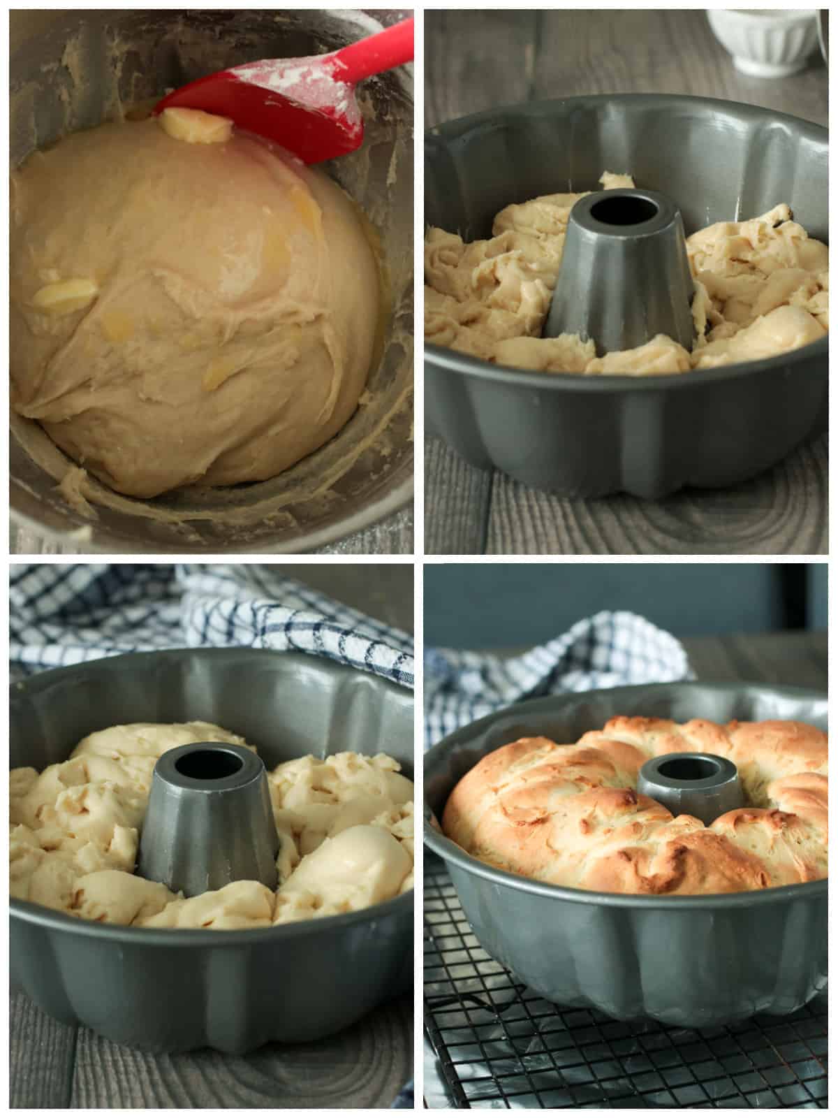 A collage showing the kneaded dough, then filling the bundt pan with the dough. Photos of the proofing and then baking.