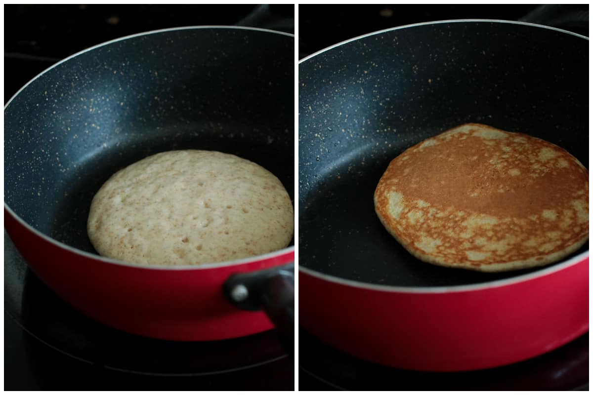 Cooking the pancake in a pan.