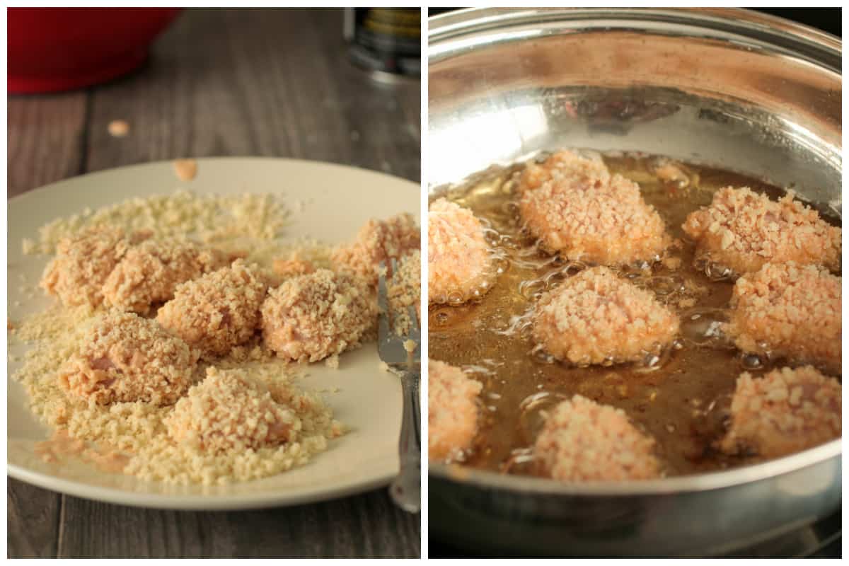 Coating the chicken in panko, then frying them in hot oil.
