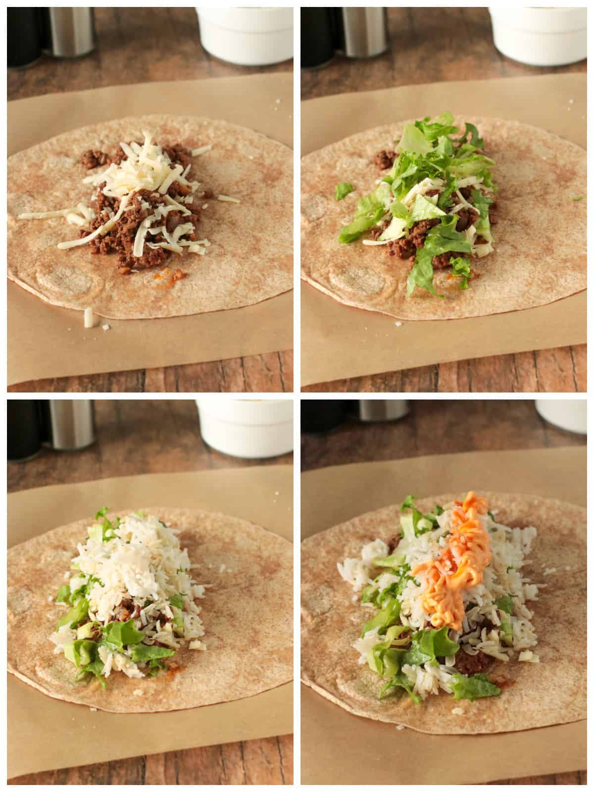 A collage showing the different fillings for the tortilla wraps.