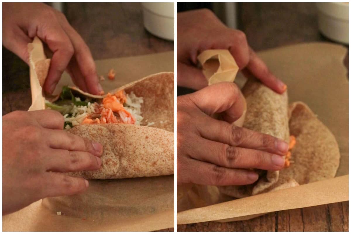 Rolling the filled tortilla.