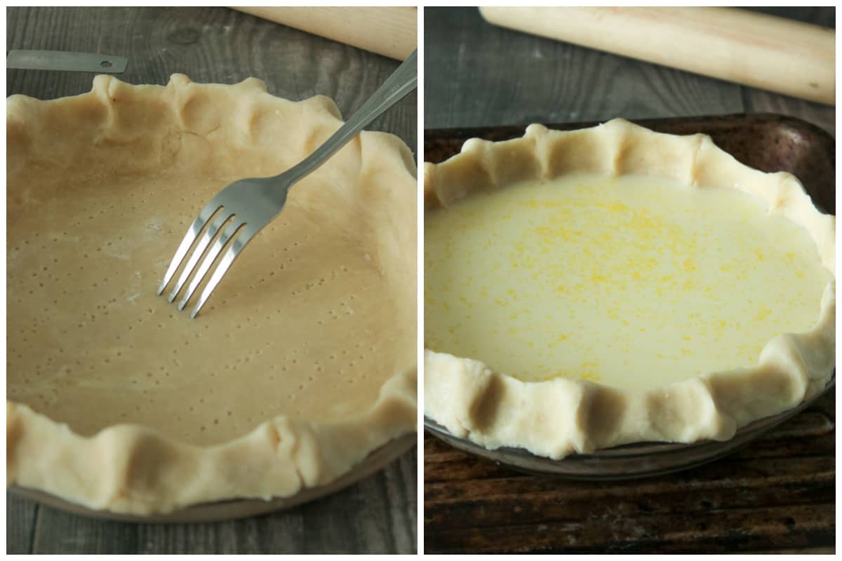 A collage. left (poking the bottom of the pie shell with a fork). Right ( the filling is poured into the pie shell).