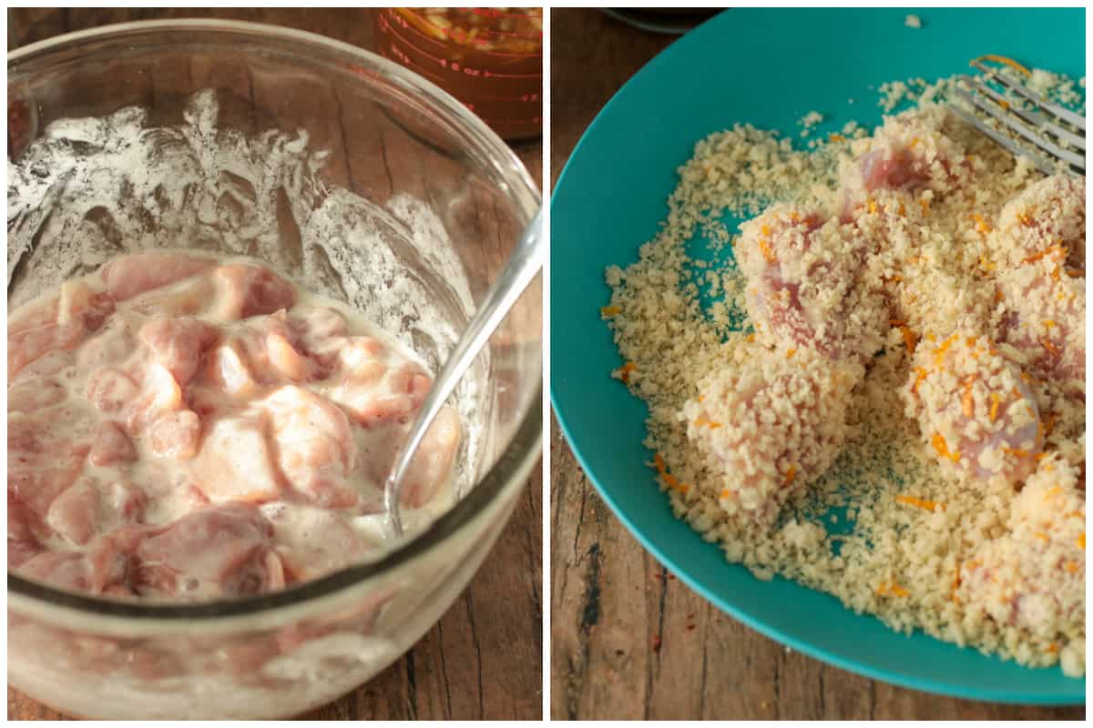 Collage photo showing the breading  process of the chicken for Orange chicken.