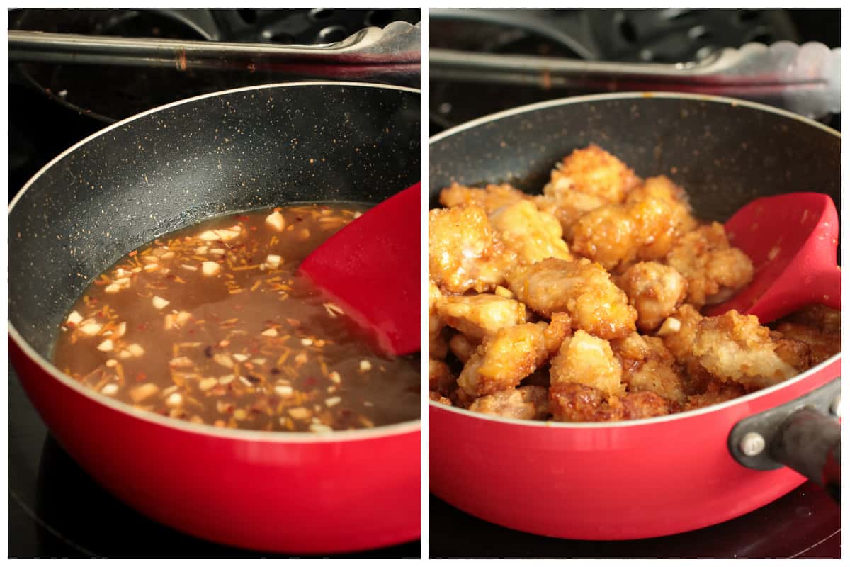 Cooking the sauce until it thickens, then tossing in the fried chicken pieces.