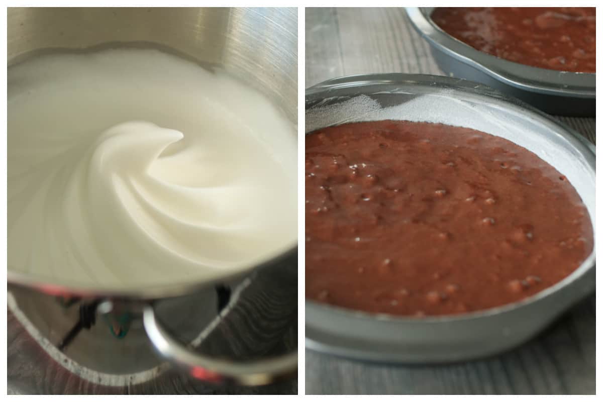 Collage. Photo on the left is whipped egg whites, and on the right is the finished batter already poured in the baking pans.