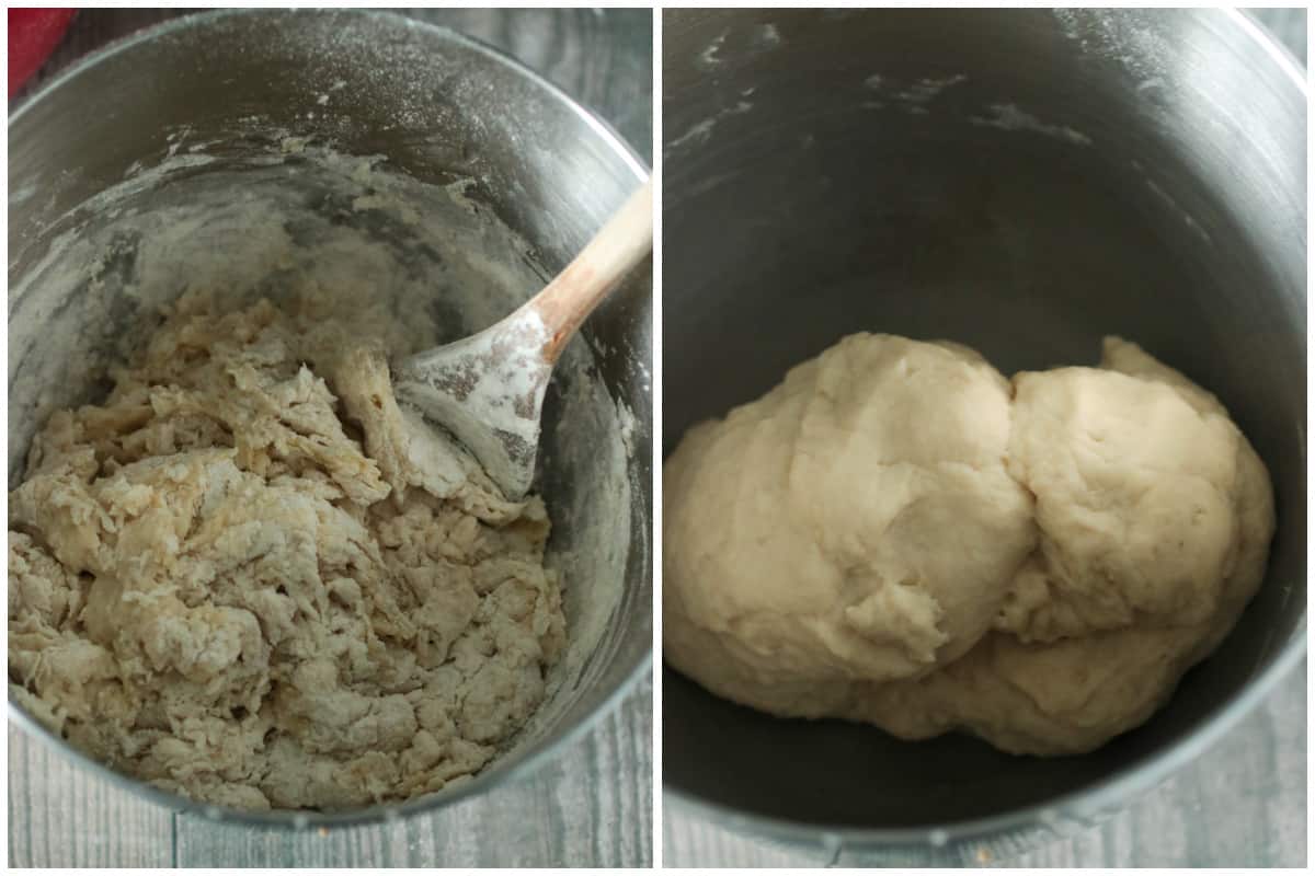 Making the dough in the dough mixer.