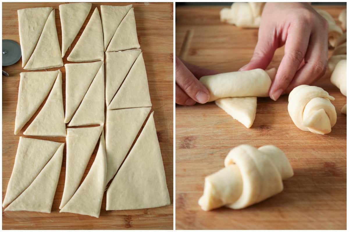 Shaping the crescent rolls.