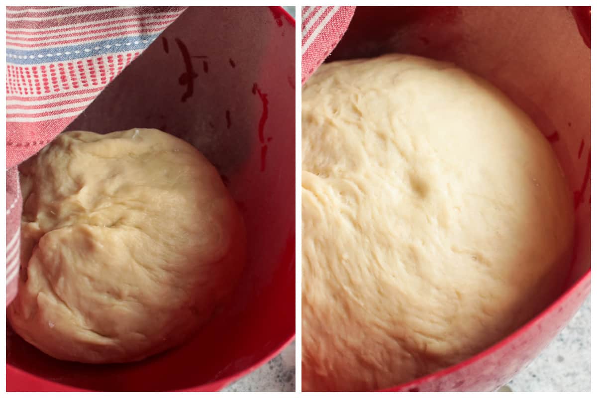 A collage showing the bread dough before and after the first rise.