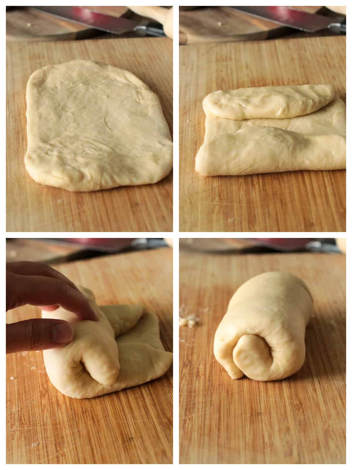 A collage showing the folding process of the dough before putting it in the Pullman loaf pan.