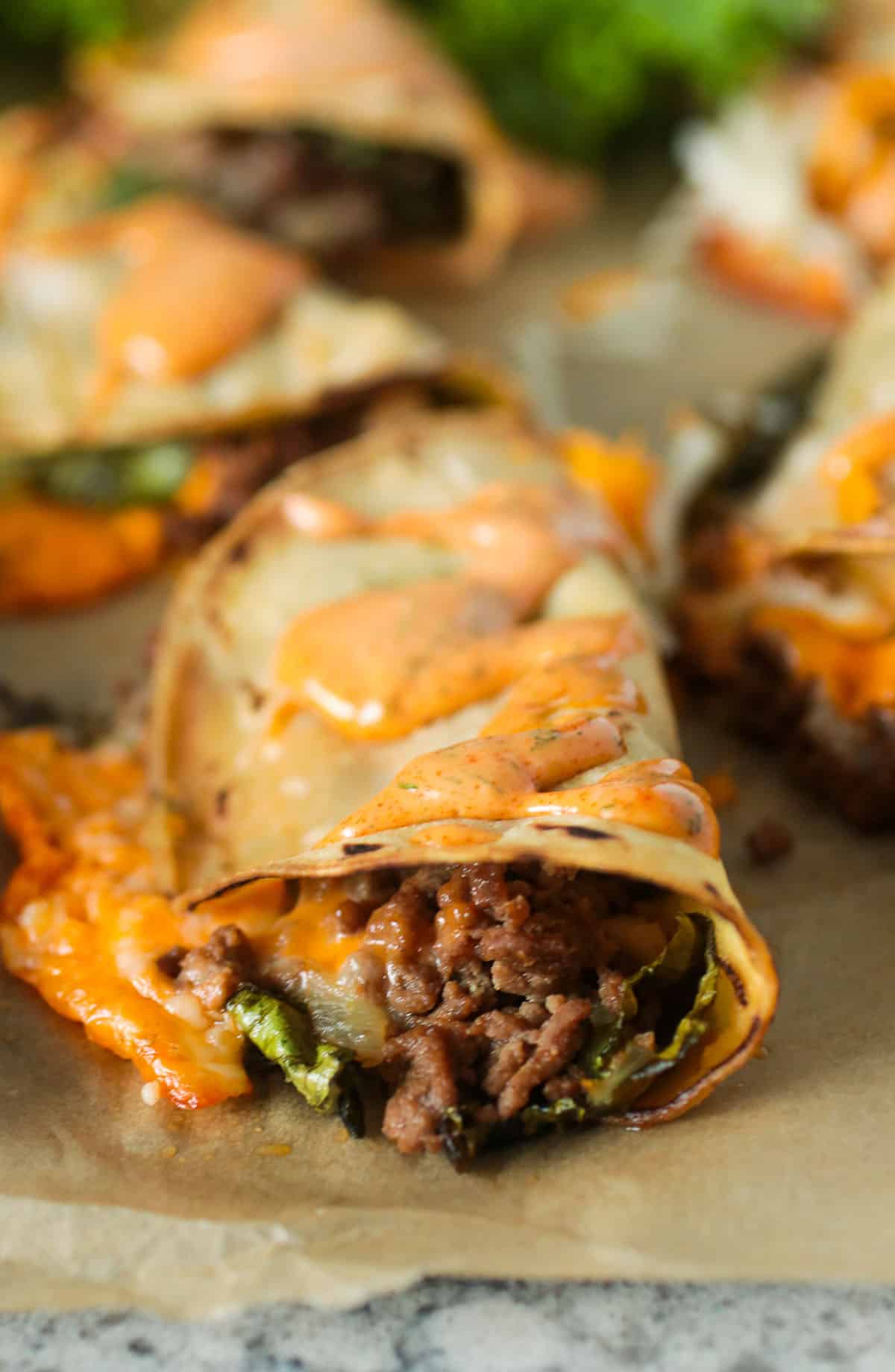 A photo showing the beef filling of the cheeseburger tacos.