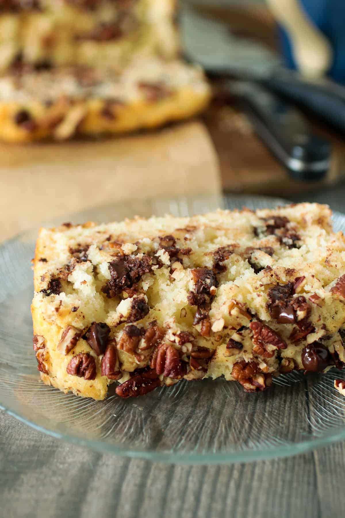 As slice of chocolate chip and pecan quick bread.