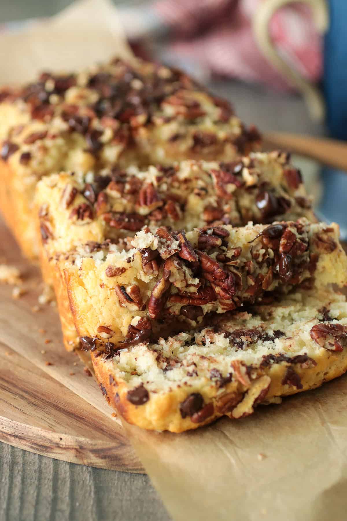 Sliced chocolate chip and pecan quick bread.