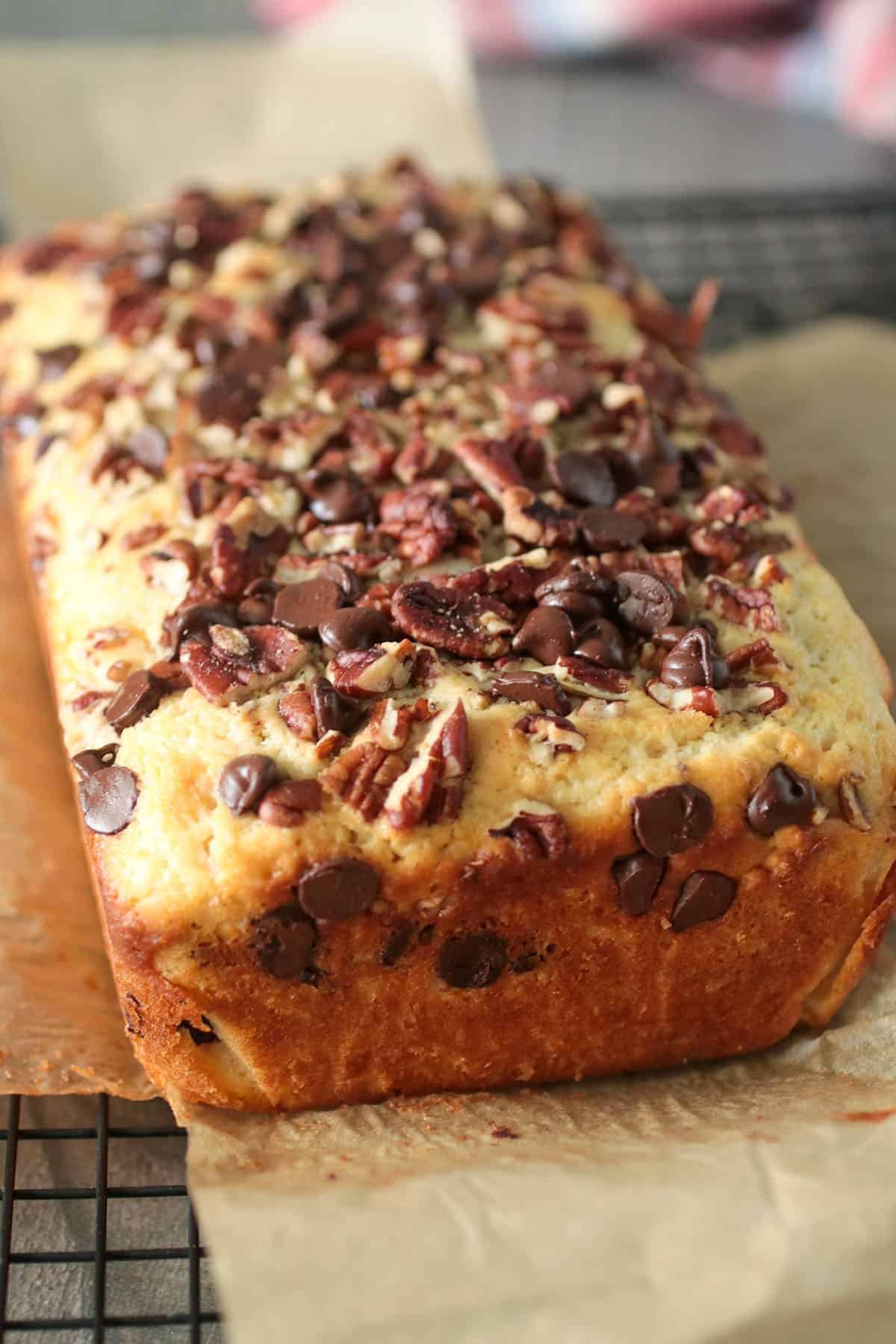 Close up shot of Chocolate Chip and Pecan Quick Bread.